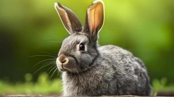 ritratto di un' carino soffice grigio coniglio con orecchie su un' naturale verde sfondo, generat ai foto