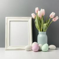 gratuito foto Pasqua uova con tulipani nel vaso e vuoto telaio, generat ai