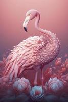 totale corpo lunghezza dettagliato, ultrarealistico carino animale di fenicottero leggero rosa nel fantasia paradiso, dentro pastello colore, fantasia surrealismo Paese delle meraviglie, acquerello, generat ai foto