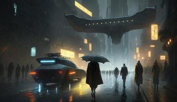 cyberpunk strade illustrazione, futuristico città, distopico opera d'arte a notte, 4k sfondo. pioggia nebbioso, lunatico vuoto futuro, creare ai foto