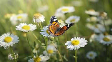 foto il giallo arancia farfalla è su il bianca rosa fiori nel il verde erba campi, generat ai