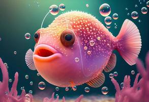 un' surrealistico iperrealistico fiaba carino rana pescatrice. il sfondo è un' paesaggio con pesca, rosa e iridescente sapone bolle galleggiante intorno a, generat ai foto