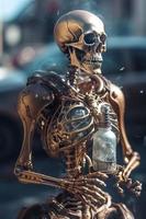 fiaba steampunk robotica scheletro emerge a partire dal il liquido rame. fumante cuore e polmoni dentro il suo il petto. a piedi attraverso il steampunk città, creare ai foto