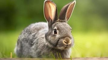 ritratto di un' carino soffice grigio coniglio con orecchie su un' naturale verde sfondo, generat ai foto