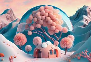 un' surrealistico fiaba valle inverno paesaggio con un igloo, color pesca alberi con blu fiori su esso, rosa e pesca palline di zucchero filato su bastoni, generat ai foto