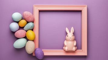 gratuito foto superiore Visualizza di colorato Pasqua uova con coniglietto e telaio, generat ai