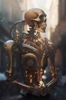 fiaba steampunk robotica scheletro emerge a partire dal il liquido rame. fumante cuore e polmoni dentro il suo il petto. a piedi attraverso il steampunk città, creare ai foto