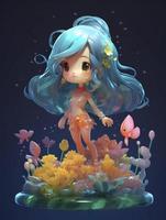 molto carino oceano elemento folletto ragazza con lungo capelli su subacqueo mondo, pendenza colore, raggiante trasparente corallo e fiori, in crescita verso l'alto, creare ai foto