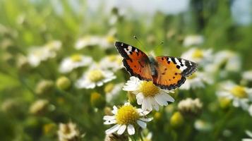 foto il giallo arancia farfalla è su il bianca rosa fiori nel il verde erba campi, generat ai