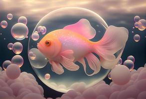 un' surrealistico iperrealistico fiaba carino coccolare pesce. il sfondo è un' paesaggio con pesca, rosa e iridescente sapone bolle galleggiante intorno a, generat ai foto