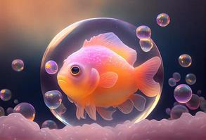 un' surrealistico iperrealistico fiaba carino coccolare pesce. il sfondo è un' paesaggio con pesca, rosa e iridescente sapone bolle galleggiante intorno a, generat ai foto