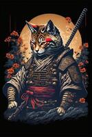 gatto vestito come un' samurai nel davanti di un' pieno Luna. generativo ai. foto