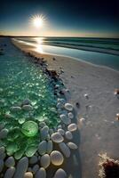 il sole è ambientazione al di sopra di il acqua su il spiaggia. generativo ai. foto