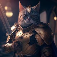 gatto vestito come un' cavaliere Tenere un' spada. generativo ai. foto