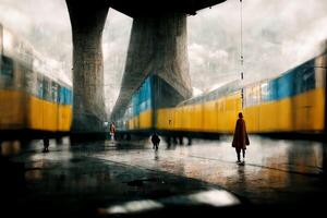 giallo e blu treno passaggio sotto un' ponte. generativo ai. foto