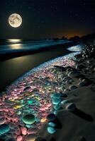 spiaggia a notte con un' pieno Luna nel il cielo. generativo ai. foto