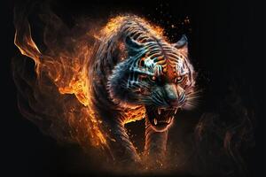 tigre nel fiamme su un' nero sfondo. generativo ai. foto