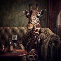 giraffa seduta su un' divano Il prossimo per un' bicchiere di vino. generativo ai. foto