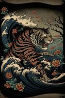 tigre è equitazione un' onda nel il oceano. generativo ai. foto
