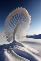 grande bianca piuma seduta su superiore di un' neve coperto campo. generativo ai. foto