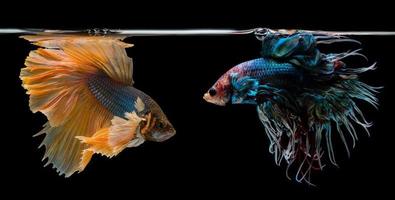 bellissimo movimento di giallo e blu coda di porco betta, siamese combattente pesce, Due betta pesce siamo battagliero, betta splendens, metà Luna betta isolato su nero sfondo. foto