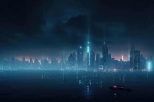 futuristico città orizzonte, nebbia, neon lightgenerated ,ai,tecnologia, foto