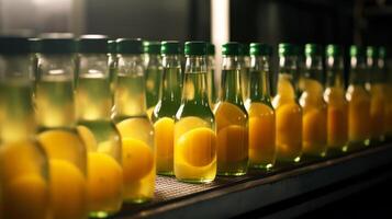 bibita acqua con agrume succo, produzione di limonata nel bicchiere bottiglia generativo ai foto