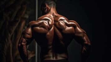 muscolare uomo indietro Visualizza di un' bodybuilder atleta nel buio sfondo generativo ai foto