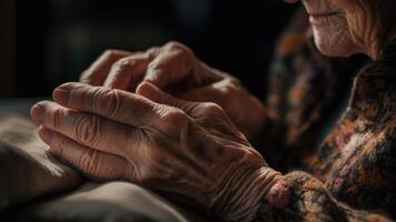rugosa mani di un anziano donna generativo ai foto