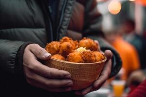 strada cibo, mano hold fritte pollo pepite nel piatto generativo ai foto