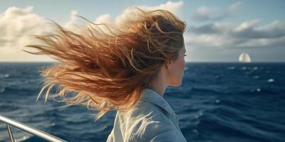 un' ragazza su un' yacht gode il mare sua capelli è gonfiato di il vento indietro Visualizza, viaggio oceano viaggio generativo ai foto