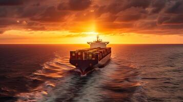 carico nave con contenitori nel oceano, internazionale mare consegna su tramonto cielo sfondo generativo ai foto