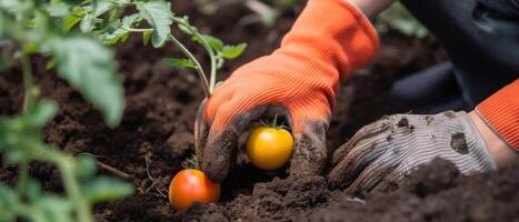 avvicinamento Immagine di donna S mani nel giardinaggio guanti piantare pomodoro. foto