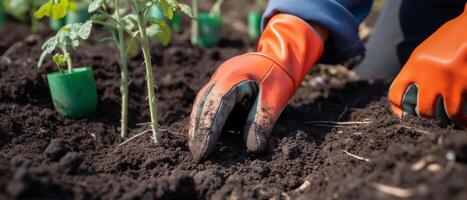 avvicinamento Immagine di donna S mani nel giardinaggio guanti piantare pomodoro. foto