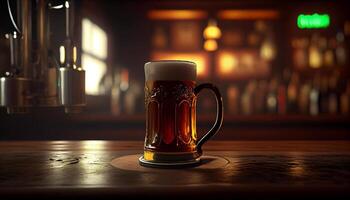 bicchiere boccale di birra con schiuma nel un' sbarra, pub, birrificio. birra chiara bere, pinta, alcool avvicinamento. generativo ai foto