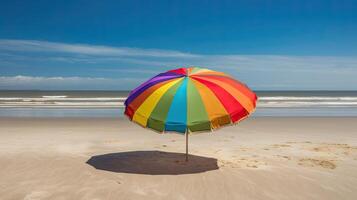 un' colorato spiaggia ombrello su un' sabbioso spiaggia. generativo ai foto