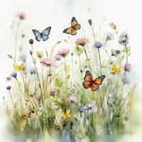 farfalle nel un' campo di primavera fiori selvatici, acquerello, vuoto bianca sfondo, generat ai foto
