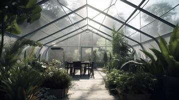 generativo ai, verde Casa a partire dal il bicchiere, tenda-vetro giardino con un' lotto di impianti. fotorealistico effetto. foto