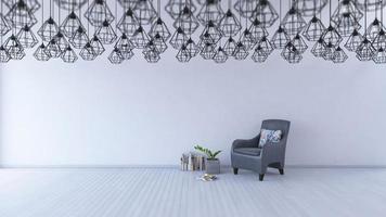 Rendering 3D, divano di colore grigio sul pavimento di legno