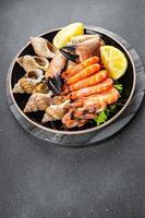 frutti di mare piatto frutta de mer gamberetto, Granchio artiglio, mollusco, rapano, trombettista mollusco pasto cibo merenda su il tavolo copia spazio cibo sfondo rustico superiore Visualizza foto