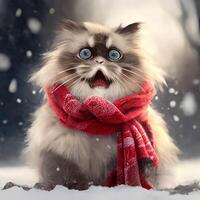 soffice gatto indossare un' rosso sciarpa nel il neve. generativo ai. foto