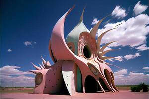 rosa edificio seduta nel il mezzo di un' deserto. generativo ai. foto
