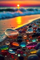 mazzo di bolle seduta su superiore di un' sabbioso spiaggia. generativo ai. foto