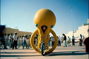 persona equitazione un' bicicletta nel un' gigante polpo costume. generativo ai. foto