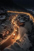 gruppo di persone a piedi giù un' neve coperto strada. generativo ai. foto