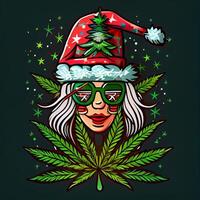 donna indossare un' Santa cappello e occhiali Tenere un' marijuana foglia. generativo ai. foto