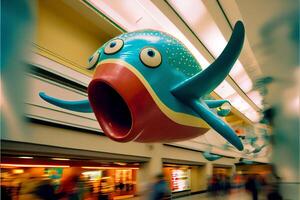 pesce scultura sospeso a partire dal il soffitto di un' centro commerciale. generativo ai. foto