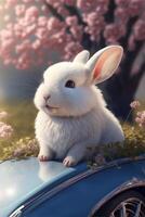 bianca coniglio seduta su superiore di un' blu macchina. generativo ai. foto