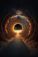 uomo in piedi a il fine di un' buio tunnel. generativo ai. foto