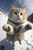 gatto in piedi su suo posteriore gambe nel il neve. generativo ai. foto